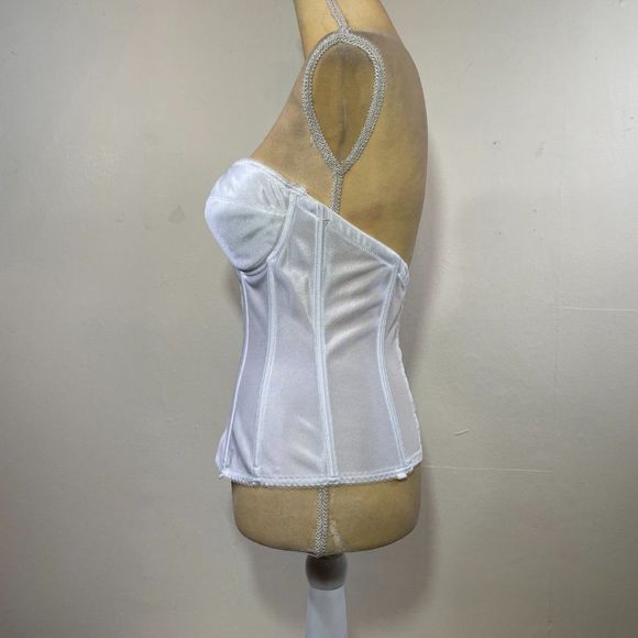 Dominique White Satin & Stretch Mesh Boned Strapless Low Back Bustier Size 34D - Picture 3 of 8